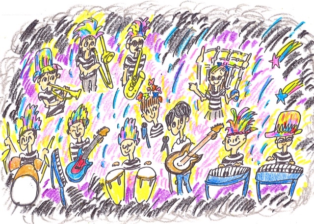 ステージ全体図のイメージ。下段左から白根桂尚（ドラム）、中村キタロー（ベース）、及川浩志（パーカッション）、一十三十一（コーラス）、小沢健二（ボーカル、ギター）、沖祐市（オルガン）、森俊之（キーボード）、上段左からNARGO（トランペット）、北原雅彦（トロンボーン）、GAMO（サックス）、HALCA（アナログ機材）